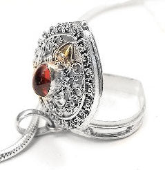 Sterling Silver Poison Pill Box Locket Amber Pendant