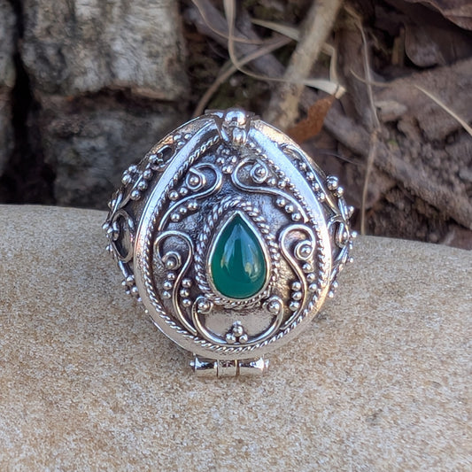Green Agate Teardrop Poison Ring in Sterling Silver