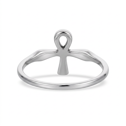 Side view of a high-polish sterling silver Ankh ring.
