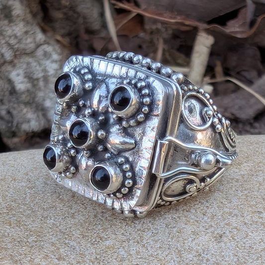 Gothic Large Square Poison Vessel Ring in Sterling Silver