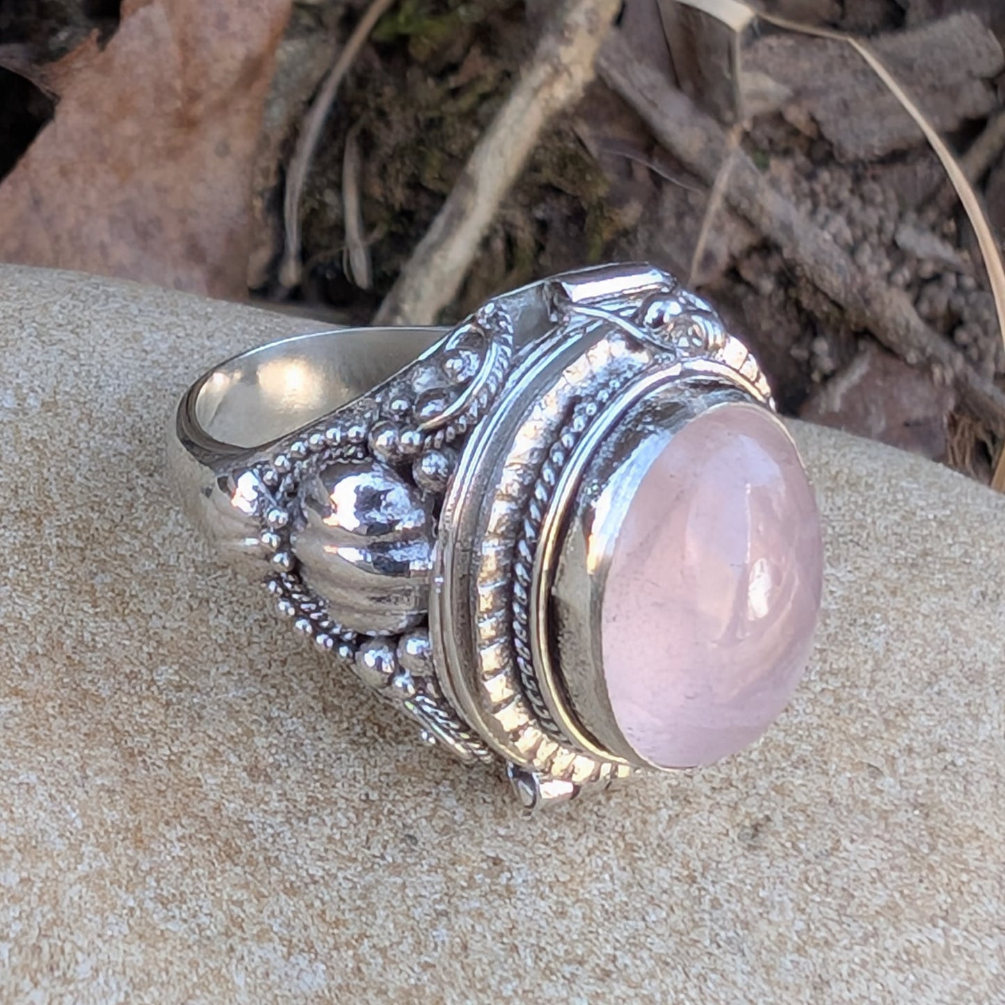 Large Oval Rose Quartz Sterling Silver Poison Ring