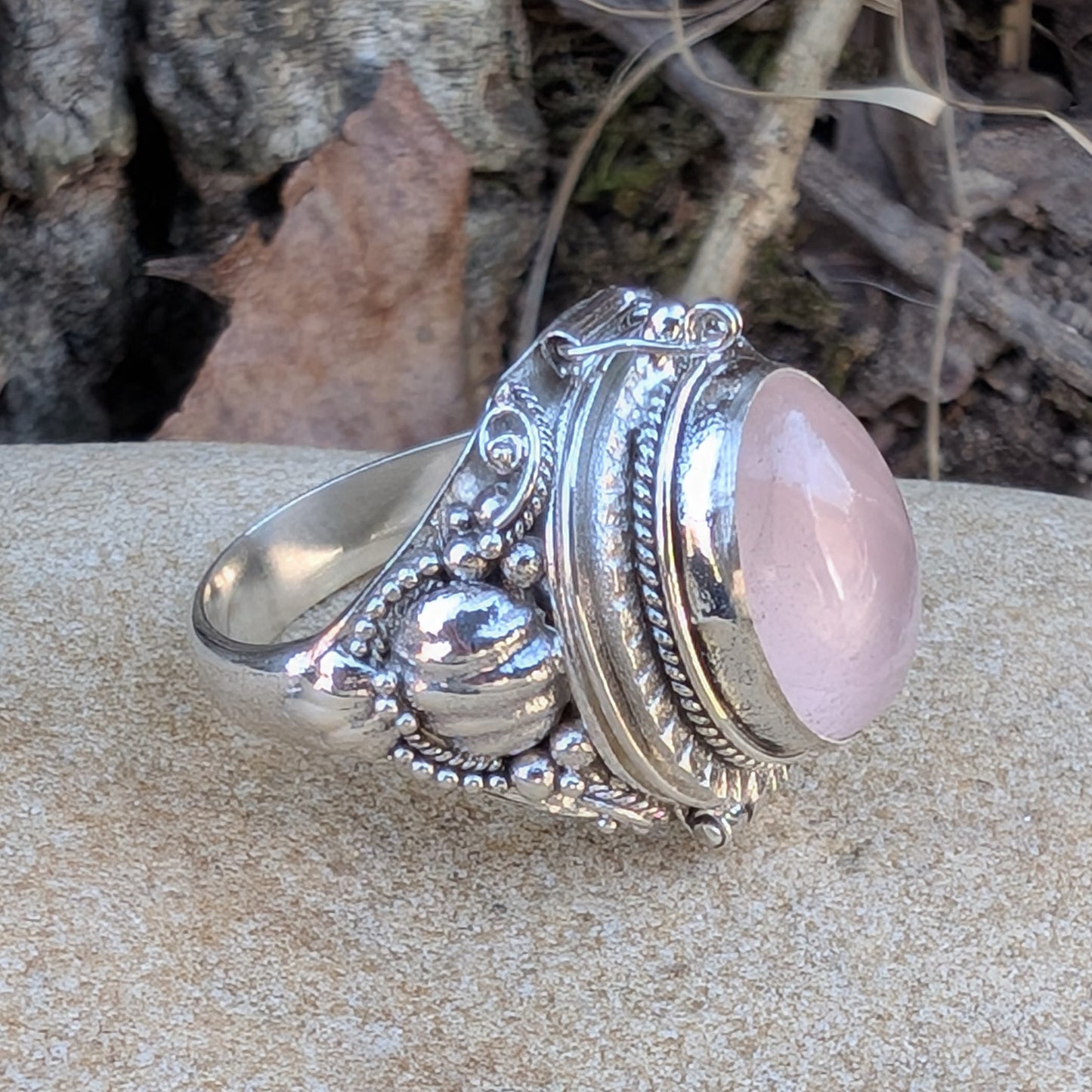 Large Oval Rose Quartz Sterling Silver Poison Ring