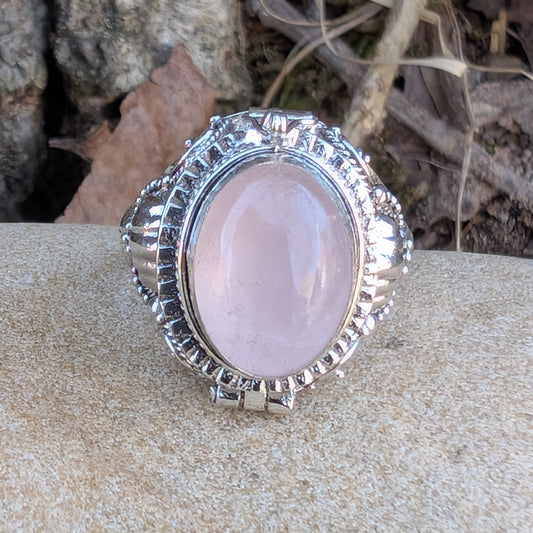Large Oval Rose Quartz Sterling Silver Poison Ring