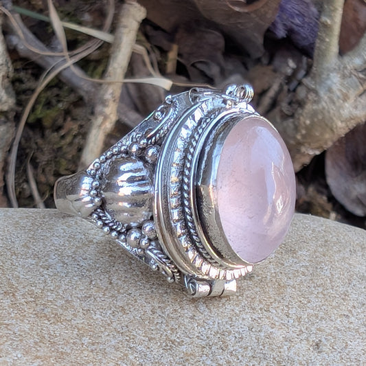 Large Oval Rose Quartz Sterling Silver Poison Ring