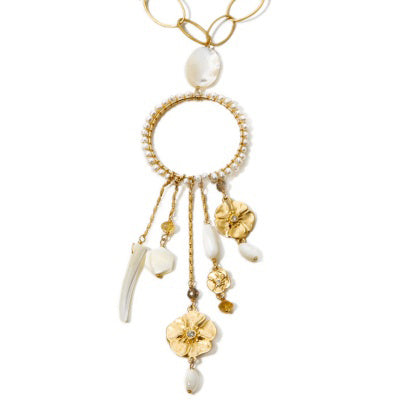 32" Long Gold Tone Mother Of Pearl and Flower Cluster Dangle Necklace - Silver Insanity