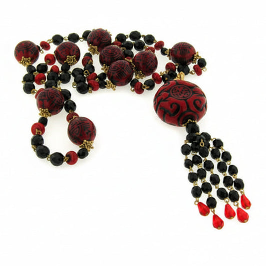 39" Layered Wrapping Carved Red and Black Beaded Asian Style Tassel Necklace - Silver Insanity