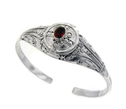 Medieval Sterling Silver Genuine Garnet Locket Box Poison Cuff Bracelet - Silver Insanity