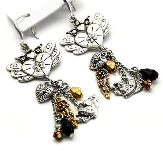 Love Gives You Wings! Star and Winged Heart Dangling Charm Beaded Earrings - Silver Insanity