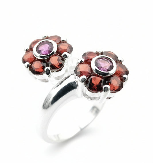 Sterling Silver AMETHYST and GARNET Flower Ring - Silver Insanity