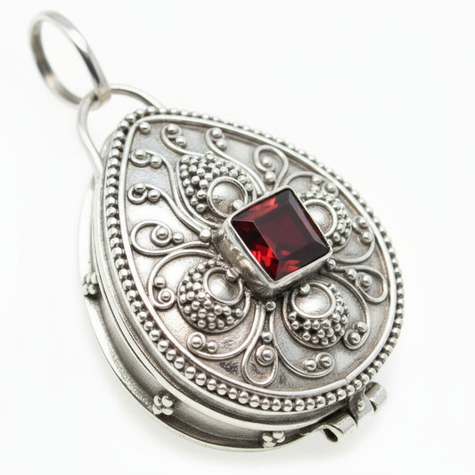 Scorched Steampunk Trinket Poison Locket Box Pendant, Sterling Silver, Garnet - Silver Insanity