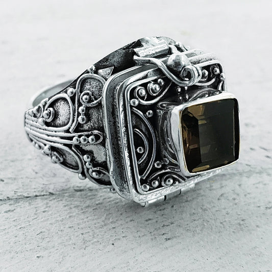 Gothic Square Smoky Quartz Poison Ring - Sterling Silver