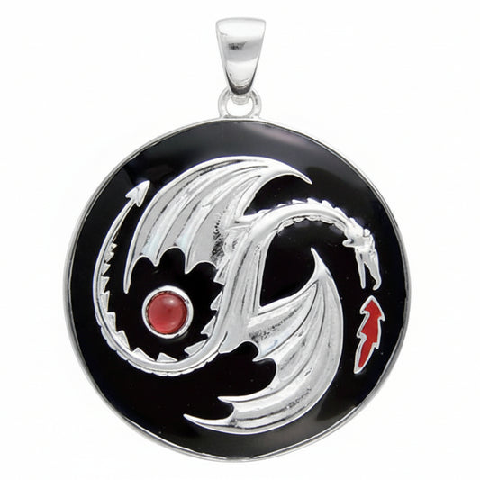 Sterling Silver Garnet Yin-Yang Dragon Pendant Necklace - Silver Insanity