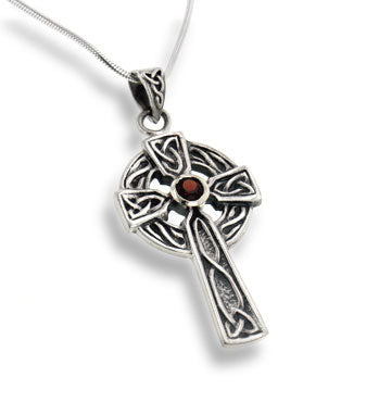 Large Celtic Knot Sun Cross Pendant with Garnet 18" Sterling Silver Necklace - Silver Insanity