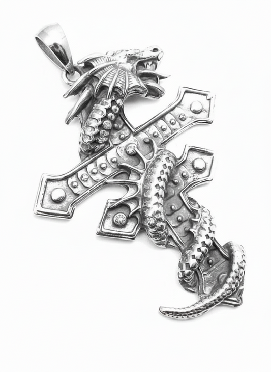 Large Heavy 2.5" Sterling Silver Gothic Dragon Wrapped Two-Barred Cross Pendant