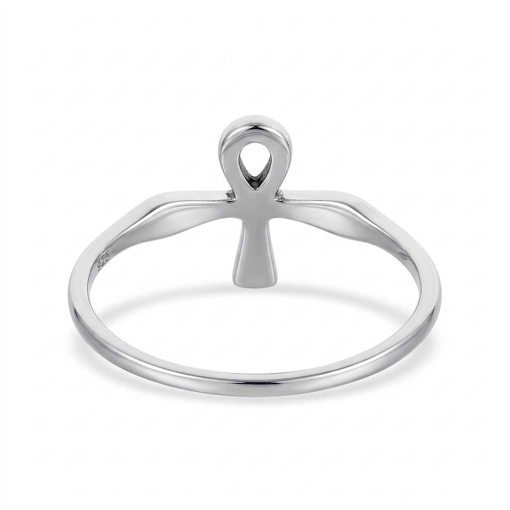 Back view of a high-polish sterling silver Ankh ring.