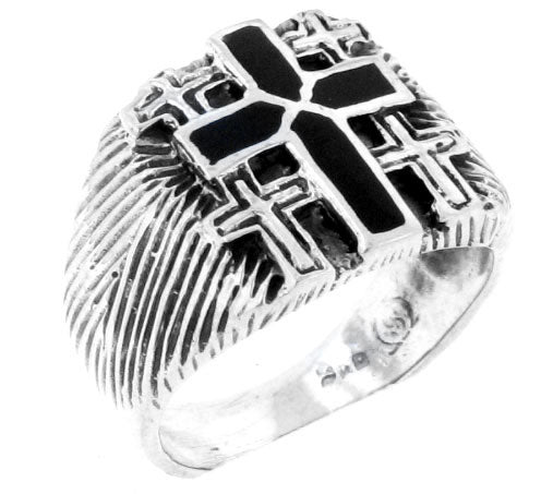 Sterling Silver Black Enamel Cross Band Ring - Silver Insanity