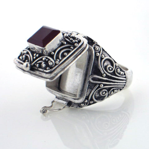 Square Genuine Garnet Poison Locket Box Sterling Silver Ring - Silver Insanity