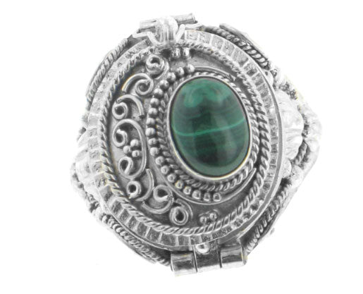 Genuine Malachite and Sterling Silver Medieval Poison Box Locket Ring - Silver Insanity