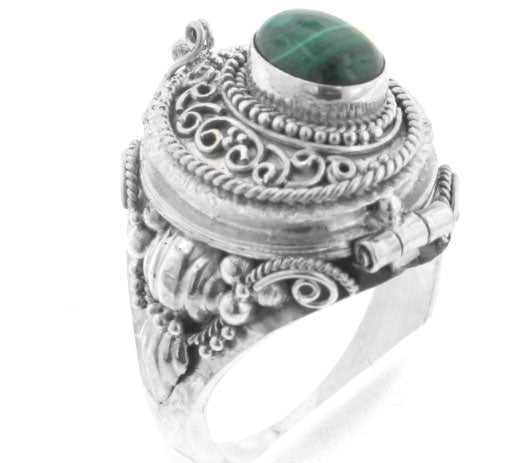 Genuine Malachite and Sterling Silver Medieval Poison Box Locket Ring - Silver Insanity