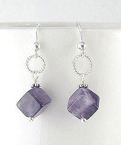 Cubed Amethyst Gemstone Bead Drops Sterling Silver Hook Earrings - Silver Insanity