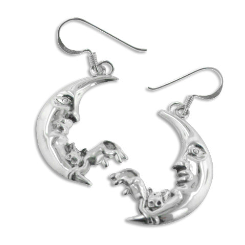 Whimsical Riddle - Cow Jumps Over the Moon Rhyme Sterling Silver Earrings - Silver Insanity