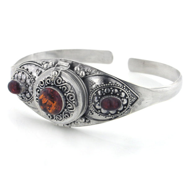 Gothic Silver Amber Poison Box Locket Cuff Bracelet - Silver Insanity