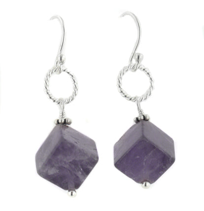 Cubed Amethyst Gemstone Bead Drops Sterling Silver Hook Earrings - Silver Insanity