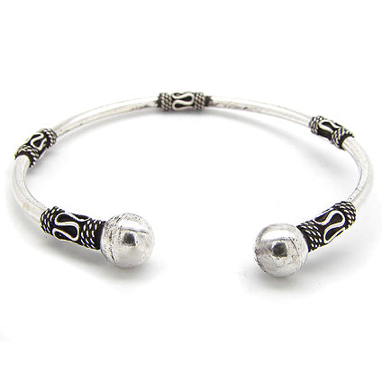 Bali Style Sterling Silver Ball-Ends Cuff Bangle Bracelet - Silver Insanity