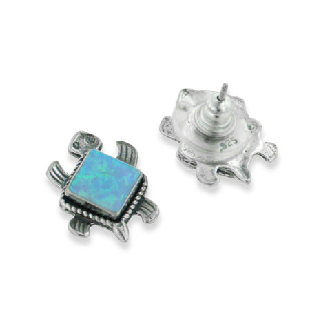 Sea Turtle - Southwestern Style Sterling Silver Blue Created Opal Stud Earrings - Silver Insanity