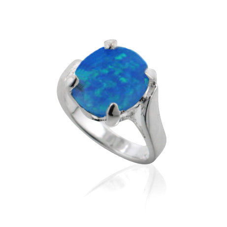 Large Oval Created Blue Opal Solitaire Sterling Silver Ring - Silver Insanity