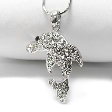 Dolphin Pave Crystal Set White Gold Plated Pendant and 18" Snake Chain Necklace - Silver Insanity