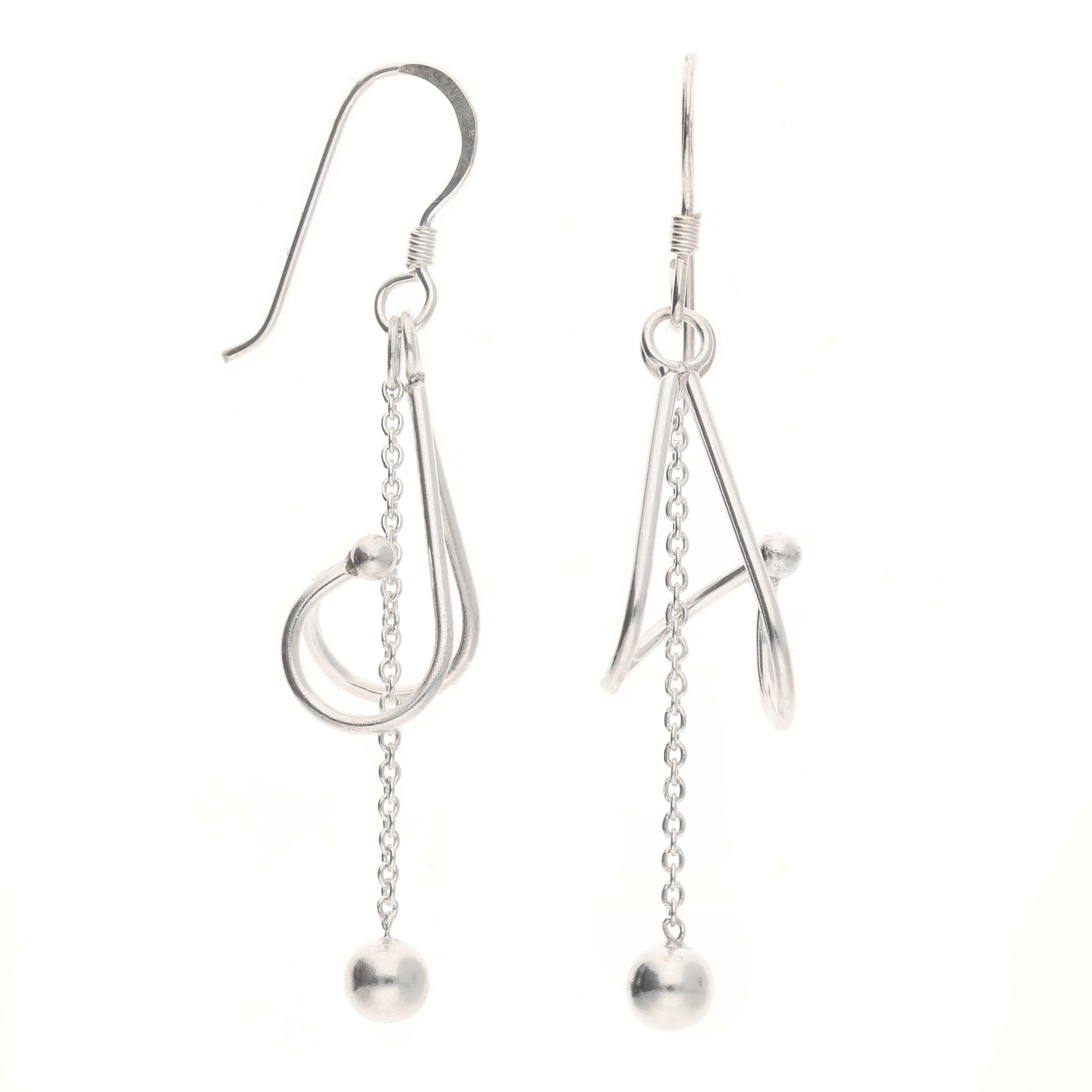 Twisted Spiral with Chain and Ball Drop Dangle Sterling Silver Hook Earrings - Silver Insanity