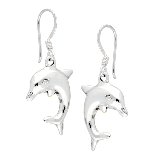 Puffed 3D Sterling Silver Diving Dolphin Hook Earrings - Silver Insanity