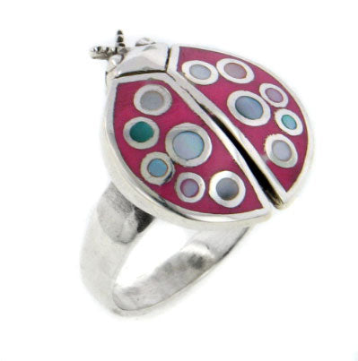 Pink Enameled Polka Dot Shell Ladybug Sterling Silver Ring - Silver Insanity