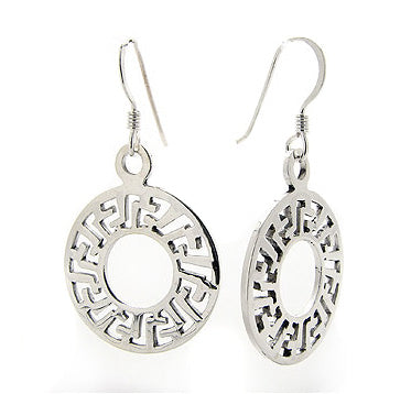 Round Greek Key Geometric Circle Sterling Silver Hook Earrings - Silver Insanity