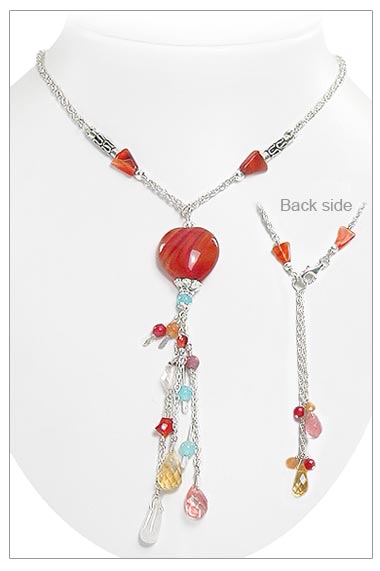 Beaded Carnelian Heart Sterling Silver Y Necklace 18" - Silver Insanity