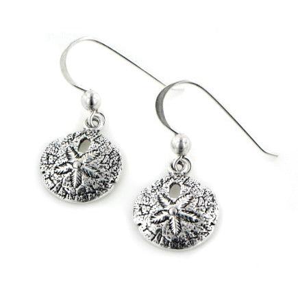 Detailed Ocean Beach Sand Dollar Small Sterling Silver Earrings - Silver Insanity