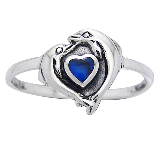 Petite Dolphin Heart Ring Sterling Silver and Paua Shell - Silver Insanity