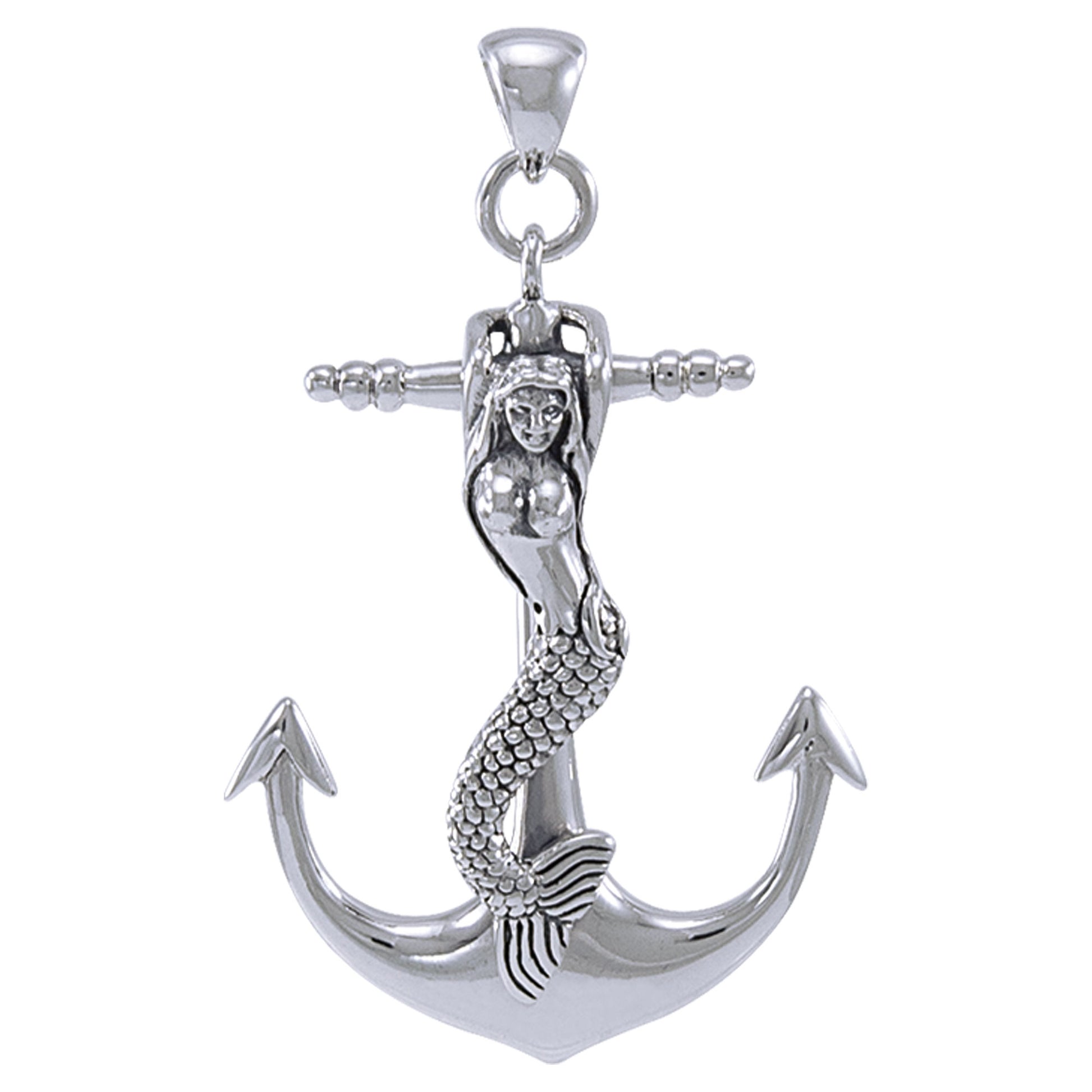 Siren of the Sea Naughty Mermaid on Anchor Large Sterling Silver Nautical Pendant - Silver Insanity