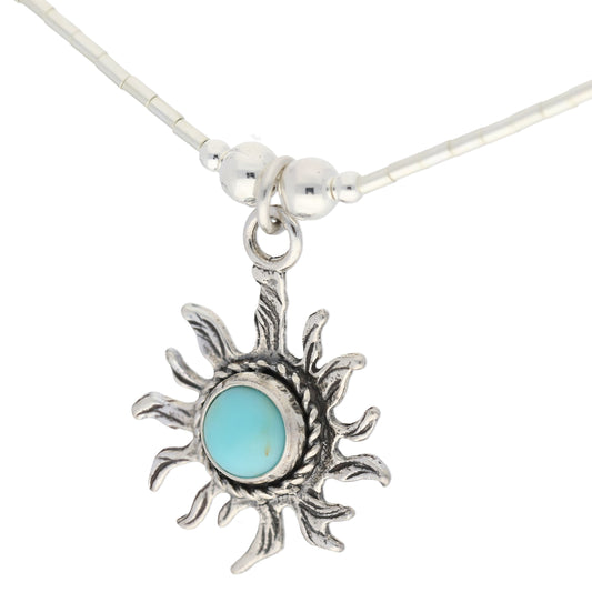 Liquid Silver Necklace with Round Turquoise Stone Sun Sterling Pendant - Silver Insanity