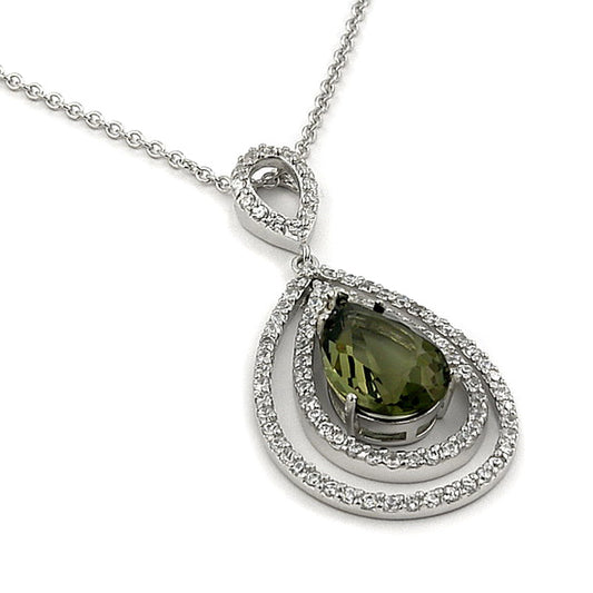 Rhodium Sterling Silver Smokey Green CZ Pendant Necklace - Silver Insanity