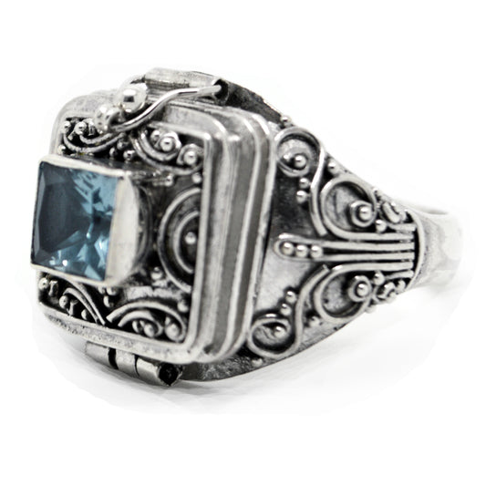 Sterling Silver Medieval Blue Topaz Poison Ring - Silver Insanity