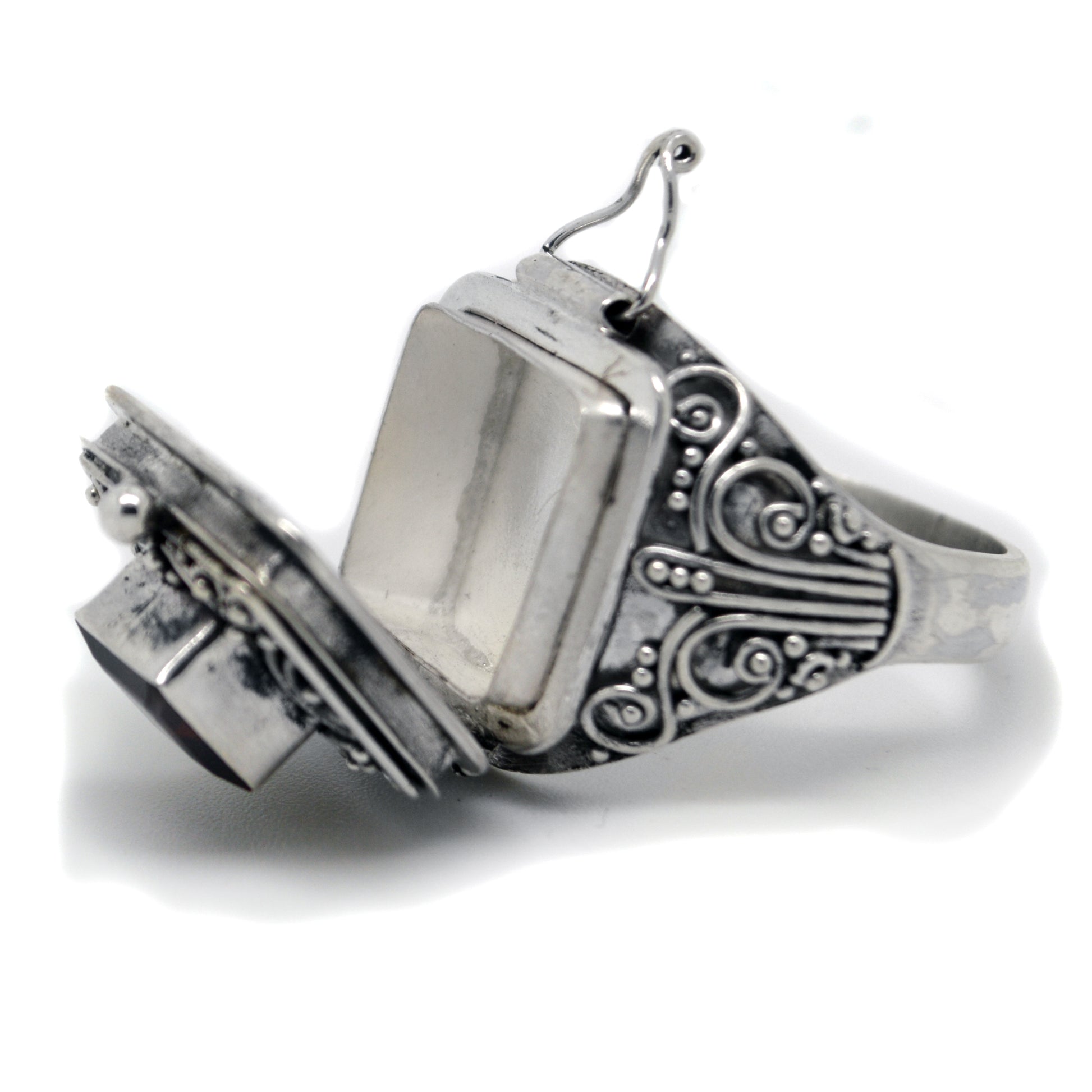 Square Genuine Garnet Poison Locket Box Sterling Silver Ring - Silver Insanity