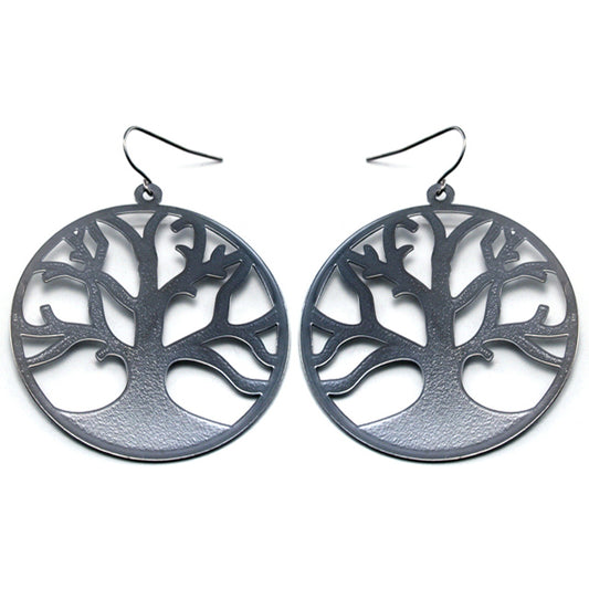 Bare Branches of Winter - Frosted Tree of Life Metal Disc Hook Earrings - Silver Insanity