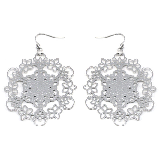 Bright Radiant Filigree Snowflake Metal Disc Hook Earrings - Silver Insanity