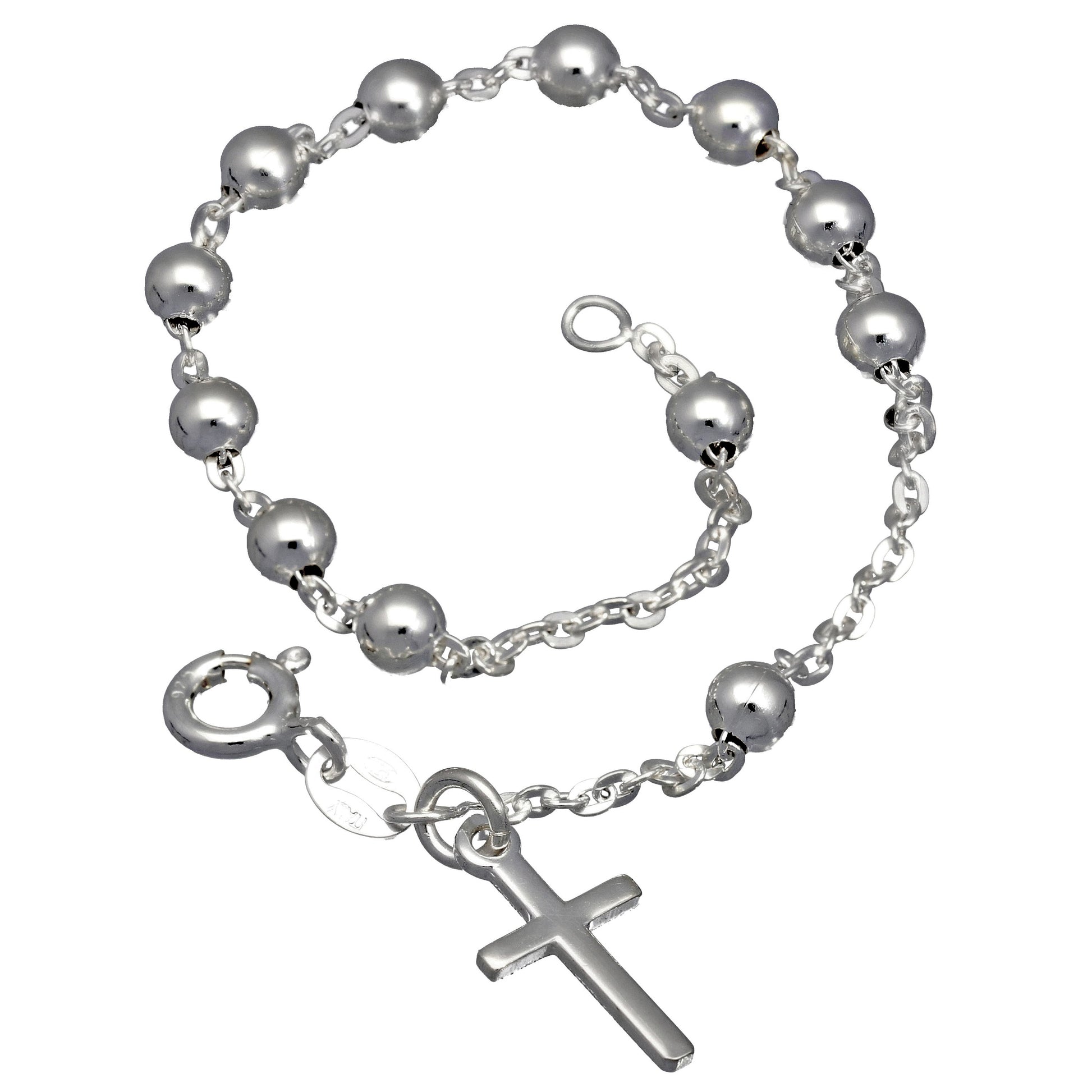 Catholic Italian Sterling Silver Rosary Beads Cross Bracelet 7.5" - Silver Insanity