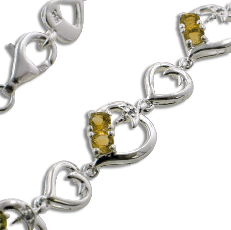 Genuine Citrine and Linked Hearts Sterling Silver Bracelet 7" - Silver Insanity