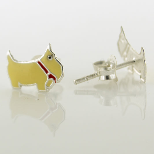 Yellow Enamel Scottish Terrier Puppy Dog Sterling Silver Studs Post Earrings - Silver Insanity