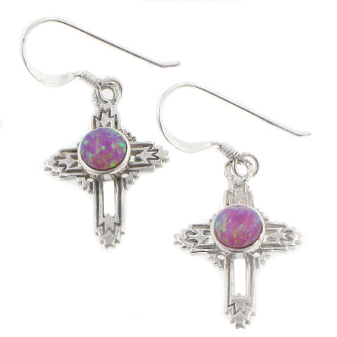 Southwestern Sterling Silver Pink Simulated Opal Cross Earrings - Silver Insanity