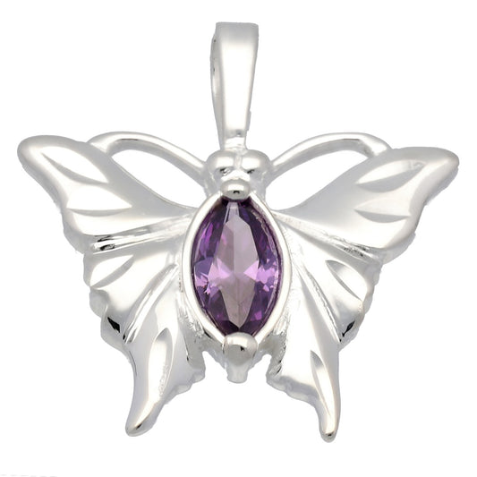 Classic Purple CZ Butterfly Etched Wings Solid Sterling Silver Pendant - Silver Insanity